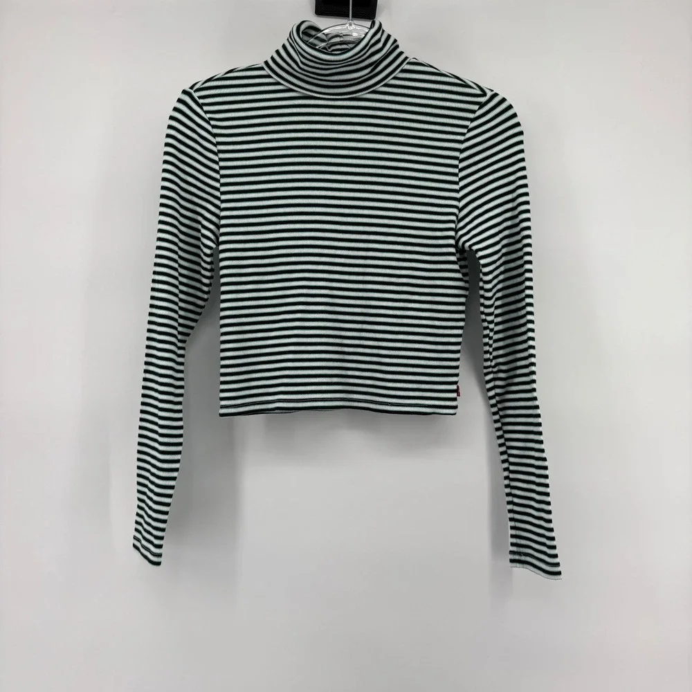 Levis Womens Striped Turtleneck‎ Cropped Long Sleeve Top XS Black White Green
